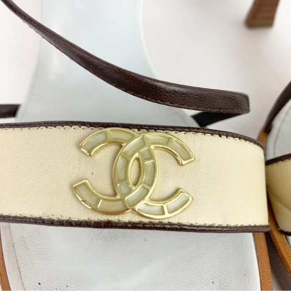 Chanel Blue / Brown Wooden Sole Strappy Heels Pumps 37 1/2 - Picture 6 of 13